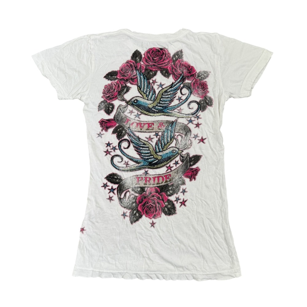 Sinful by Affliction Womens White Graphic Tee Love & Pride Sparrow Rose Medium